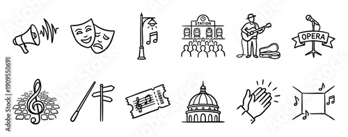 Set of hand-drawn doodle icons representing music, theater, and entertainment concepts like opera, concerts, and street performance in a simple black and white line art style