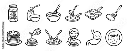 Collection of hand-drawn doodle style icons showing the process of making and eating pancakes, including a yeast starter, whisking batter, frying, and a person enjoying the meal