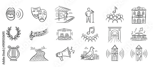 Large set of black line art icons depicting public life, communication, arts, music, and urban scenes in a sketchy hand-drawn doodle illustration style for various concepts