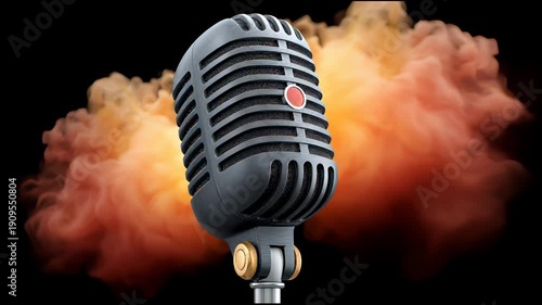 Bold vintage studio microphone with red button and golden accents, black metal design set against dramatic orange and brown smoke background, evoking powerful retro sound and dynamic audio recording