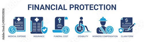 Financial Protection web banner icon vector illustration concept with icon of medical expense, insurance, funeral cost, disability, workers compensation, and claim form.