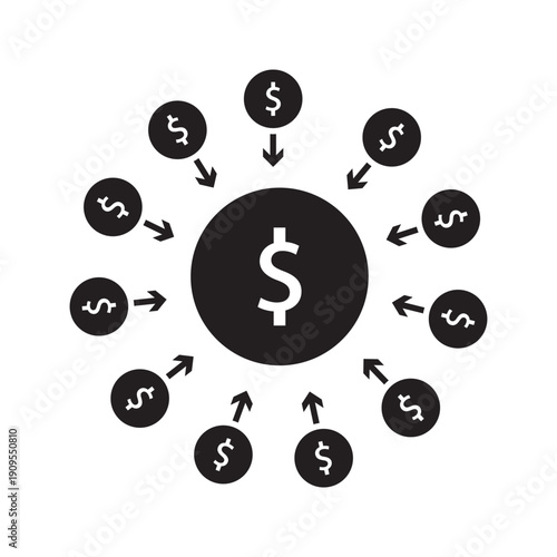 Outline icon with multiple arrows pointing toward dollar symbol representing cash inflow, revenue streams, and financial growth.