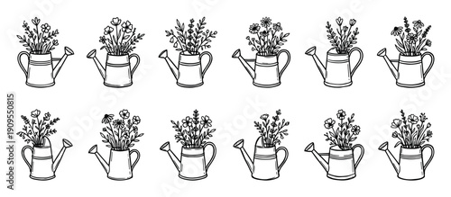 Set of hand-drawn watering cans filled with various wildflower bouquets in a simple black and white doodle style, showcasing a collection of charming gardening illustrations