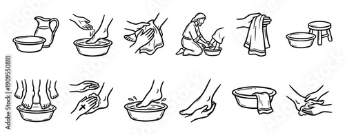 Collection of black line art icons showing the biblical story of foot washing, illustrating the concepts of humility, service, and purification in a simple, hand-drawn style