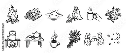 Hand-drawn black line art icon set illustrating a cozy camping and herbal tea theme with a campfire, logs, a couple with mugs, and nature elements