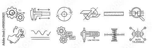 Hand-drawn engineering and manufacturing icon set featuring gears, calipers, rulers, and other mechanical symbols for precision measurement, quality control, and technical illustration