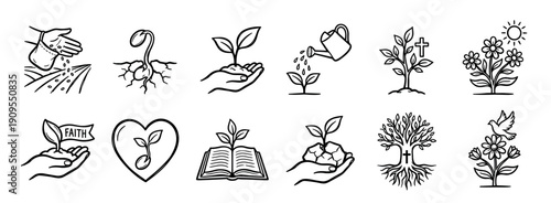 Christian faith growth and planting icons set illustrating the parable of the sower with symbolic elements like a cross, dove, heart, and book in a hand-drawn doodle style