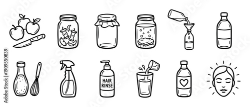 Hand drawn icon set illustrating the process of making apple cider vinegar and its various uses for health, beauty, and cleaning, presented in a simple black and white doodle style