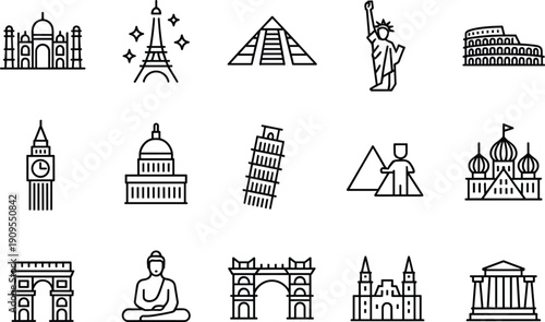 Linear vector icon set of famous global landmarks featuring the Taj Mahal Eiffel Tower Pyramids Statue of Liberty Colosseum Big Ben and world travel symbols