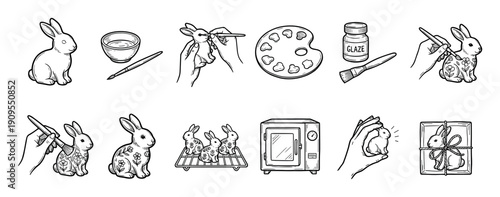 Hand-drawn black and white icon set illustrating the step-by-step process of painting, glazing, and firing a ceramic rabbit figurine for a DIY craft project or handmade gift