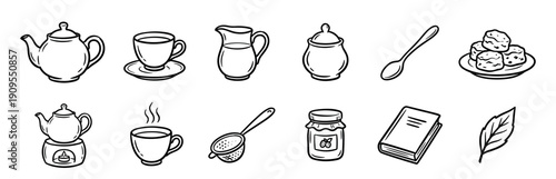 Collection of hand-drawn tea time icons in a simple black and white doodle style, including a teapot, cup, scones, jam jar, sugar bowl, and a book for a cozy break