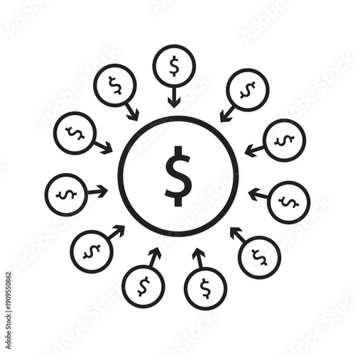 Outline icon with multiple arrows pointing toward dollar symbol representing cash inflow, revenue streams, and financial growth.