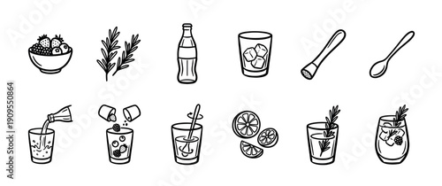 Collection of black and white doodle icons for mixology, showing the step-by-step process of making a refreshing summer cocktail with berries and rosemary