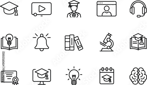 Linear vector icon set for online education and academic learning featuring graduation caps video lessons students webinars library books microscopes and digital certification symbols