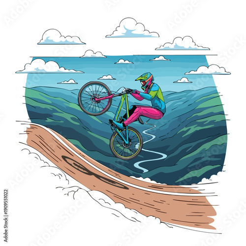 Mountain Biker. Extreme Sport. Dynamic Illustration. Energetic Vector Art. Stock Image.