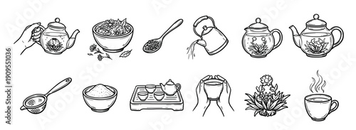 Hand-drawn tea ceremony elements collection featuring glass teapots with blooming flowers, cups, herbs, and accessories in a detailed black and white sketch illustration style