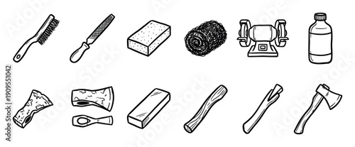 Collection of hand-drawn workshop tool icons for maintenance and restoration, including an axe, file, brush, and sharpening stone in a simple black and white doodle style