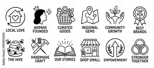 Twelve hand-drawn black line art icons representing small business values like local shopping, community growth, and handmade crafts for conscious consumerism