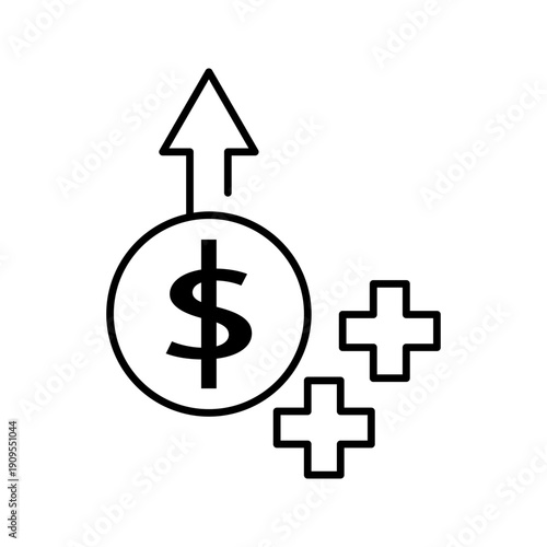 Minimal outline icon featuring dollar symbol with upward arrow and plus signs representing financial growth, profit increase, revenue boost, and positive cash flow. Isolated on white background.
