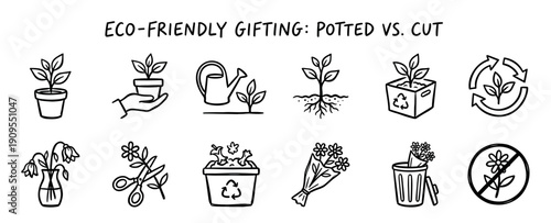 Set of hand-drawn doodle icons comparing eco-friendly potted plants versus disposable cut flowers as sustainable gift options in a simple black and white line art illustration