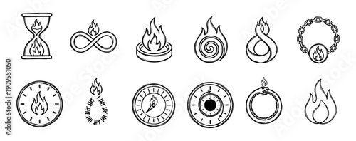Collection of twelve hand-drawn doodle icons representing concepts of eternal fire, burning time, and cyclical passion with symbols like an hourglass, clock, infinity, and ouroboros