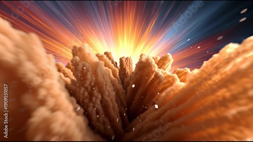 Explosive dust cloud bursting with glowing light rays and flying debris, creating dramatic cinematic effect with dynamic motion, intense energy, warm orange tones, vibrant atmosphere, and powerful
