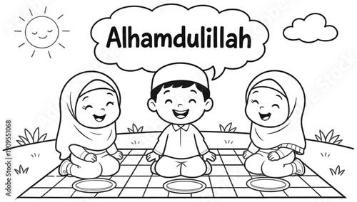 Happy Muslim Children Saying Alhamdulillah Outdoors Line Art for Islamic Education Coloring Page