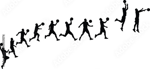 Basketball silhouettes, jump shot, running, jumping, shooting, athletic motion, sports training, vector art, active people, dynamic posture, game play, hoop, competitive sport, physical fitness