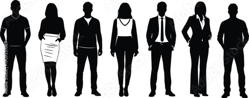 Collection of diverse professional people silhouettes in business casual and formal attire standing together in a row isolated on white background.
