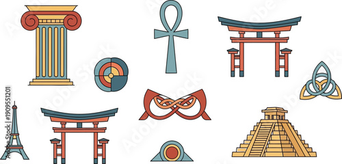 Collection of colorful stylized cultural and historical symbols representing diverse global architecture and ancient mythology icons