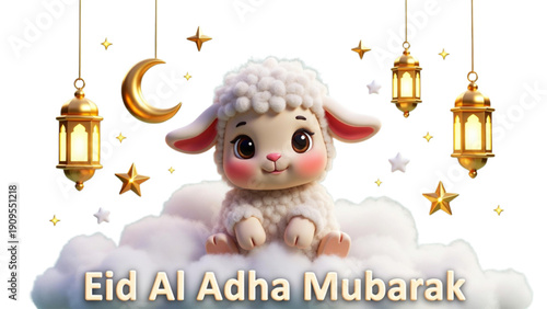 Happy Cartoon Lamb on Cloud for Eid Al Adha Mubarak Festive Islamic Holiday Greeting Card