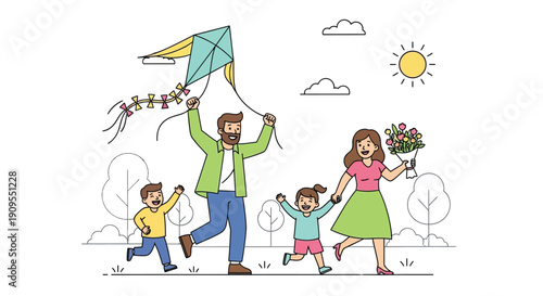 Happy family enjoying a bright sunny day outdoors together flying a kite and celebrating motherhood with flowers in a park setting