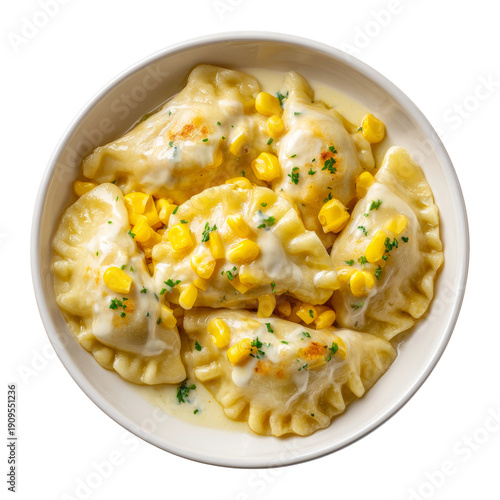 Wallpaper Mural A delicious plate of pierogi, a traditional Eastern European dumpling dish, garnished with corn Isolated Transparent Background, PNG Torontodigital.ca