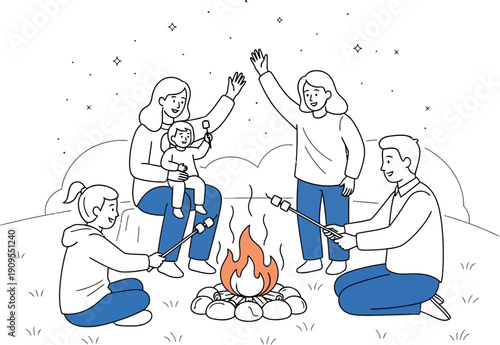 Cheerful extended family enjoys roasting marshmallows over a vibrant campfire together under the starry night sky during a fun outdoor camping activity.