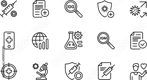 Linear vector icon set for medical research and immunization featuring syringes vaccine vials laboratory microscopes antibody testing immune system protection and global healthcare symbols
