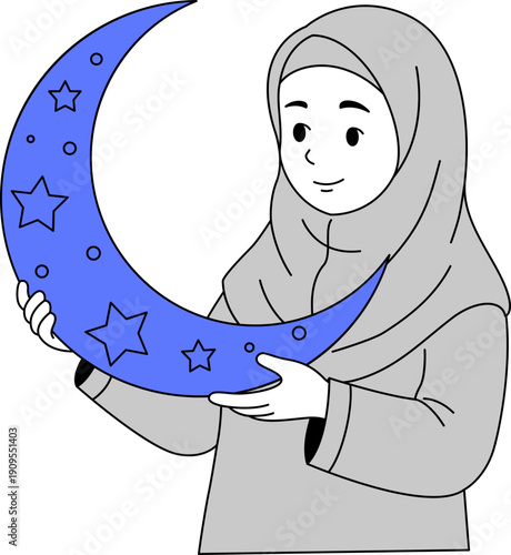 Illustration of Muslim Girl Holding a Crescent Moon Ornament for Ramadan.