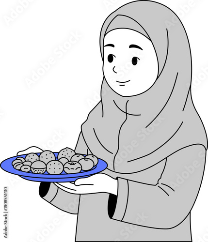 Illustration of Muslim Girl Holding Ramadan Food for Ramadan.