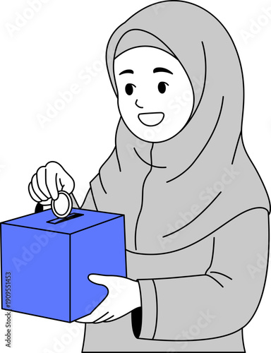 Illustration of Muslim Girl with Charity Money for Ramadan.