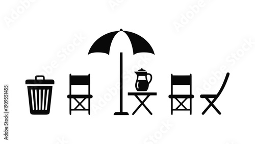 Vector illustration of outdoor patio furniture and accessories icons set on a transparent background