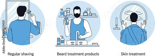 Men grooming routine illustration, regular shaving, beard care products, skin treatment concept, male personal hygiene flat vector design