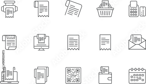 Linear vector icon set for digital receipts and payment processing featuring paper invoices shopping baskets point of sale terminals electronic bills and financial records