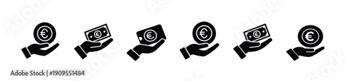 Euro currency in hand and money payment  icon set, financial investment and banking transaction symbol, cash savings and donation vector illustration with editable stroke.