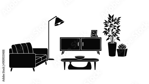 Vector illustration of modern living room furniture set silhouette vector icon graphic on a transparent background
