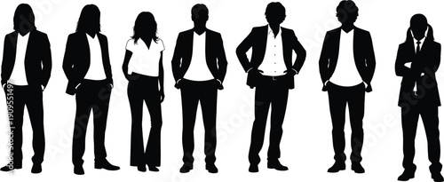 Collection of diverse professional silhouettes in smart casual and semi formal business attire standing together isolated on white background for design.