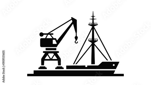 Vector illustration of cargo ship loading with crane at port dock icon silhouette on a transparent background