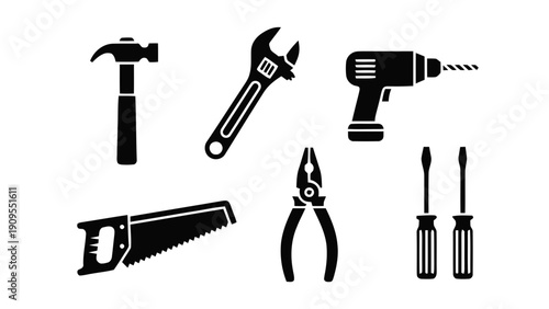 Vector illustration of set of black silhouette tools hammer, wrench, drill, saw, pliers, screwdrivers on a transparent background
