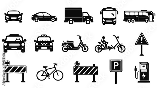 Vector illustration of set of black silhouette icons for transportation and traffic signs on a transparent background