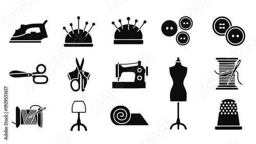 Vector illustration of set of black sewing and tailoring icons for craft and fashion design on a transparent background