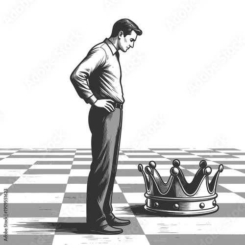 thoughtful man standing over a crown on a chessboard, symbolizing power, choice, or ambition sketch engraving generative ai fictional character vector illustration. Scratch board. Black and white.