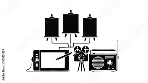 Vector illustration of digital art, photography, and audio equipment icons set on a transparent background